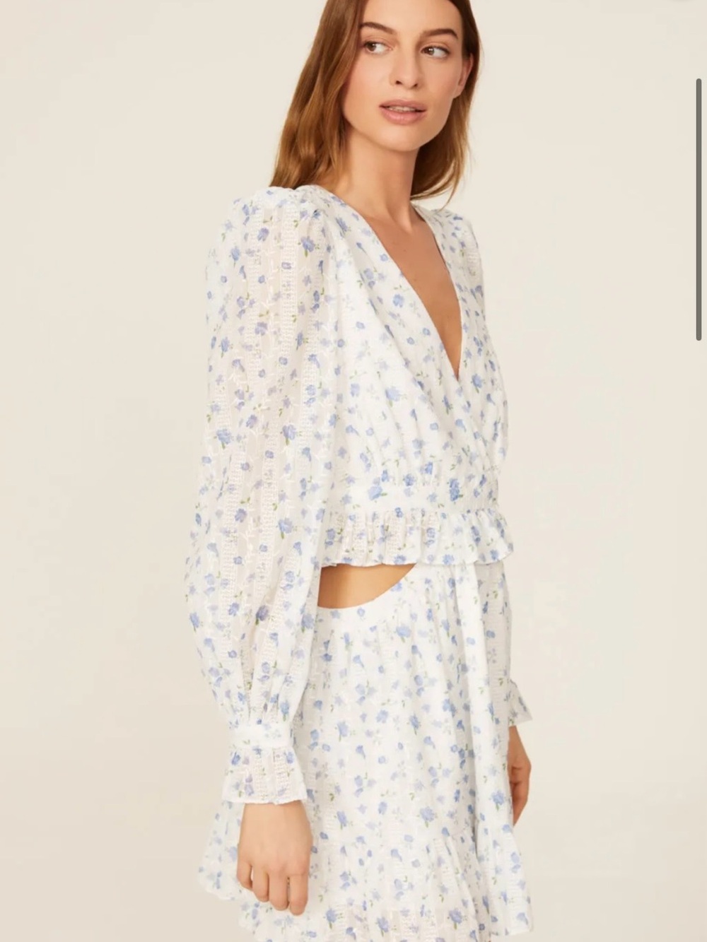 Women's White & Light Blue Floral V-Neck Long Sleeve Dress